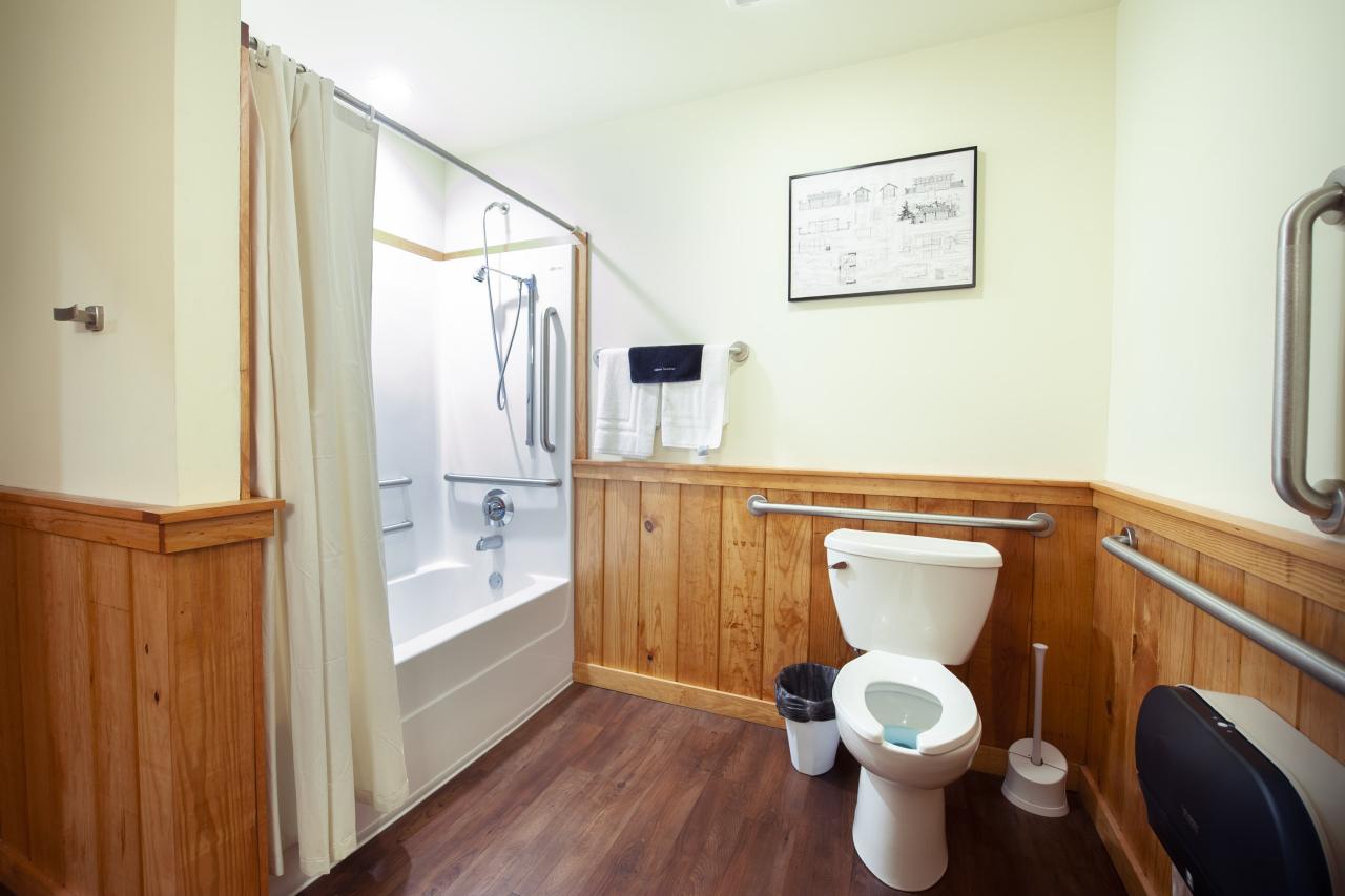 A view of a full bathroom with ADA accessible pull up bars at the CCC cabin at Crowley's Ridge State Park